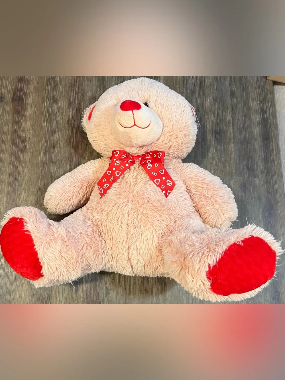 Plush Pink Teddy Bear with Red Accents and Heart Bow
